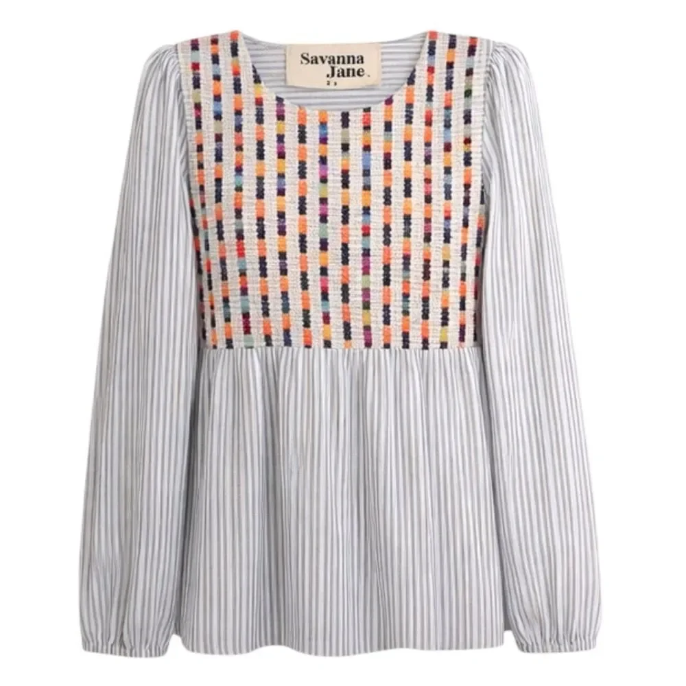 Savanna Jane Women’s Becca Baby Doll Long Sleeve Linen Blouse Sz S Style#18092